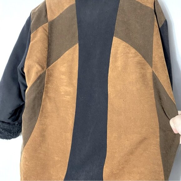 Vintage Luba Brown Black Faux Suede Colour Block Coat W Faux Fur Trim XL - Picture 10 of 16